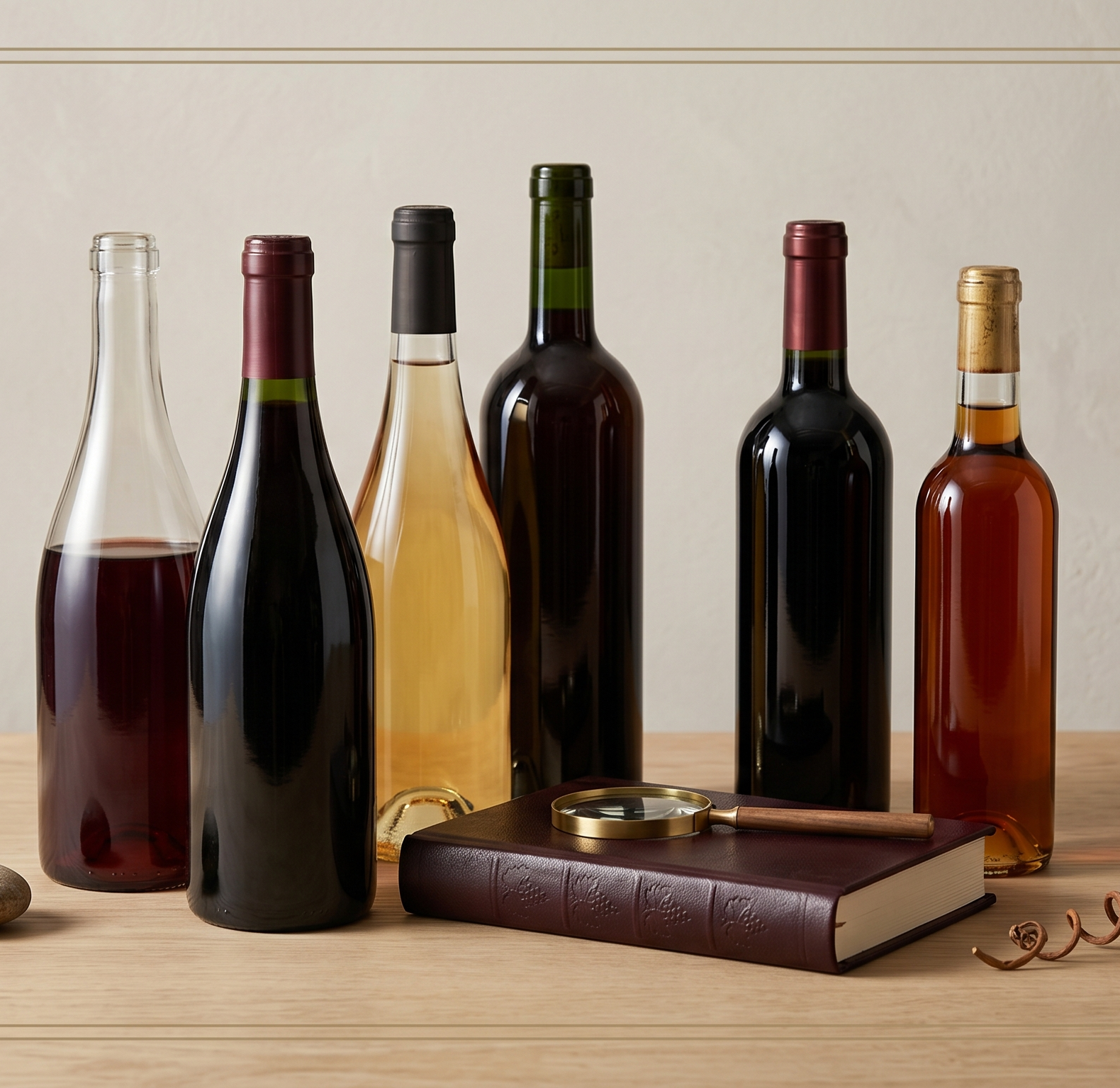 A row of wine bottles beside a leather-bound book and a brass magnifying glass