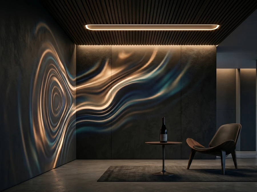 Responsive light rippling across a textured wall above a single bottle in a dark, minimal room